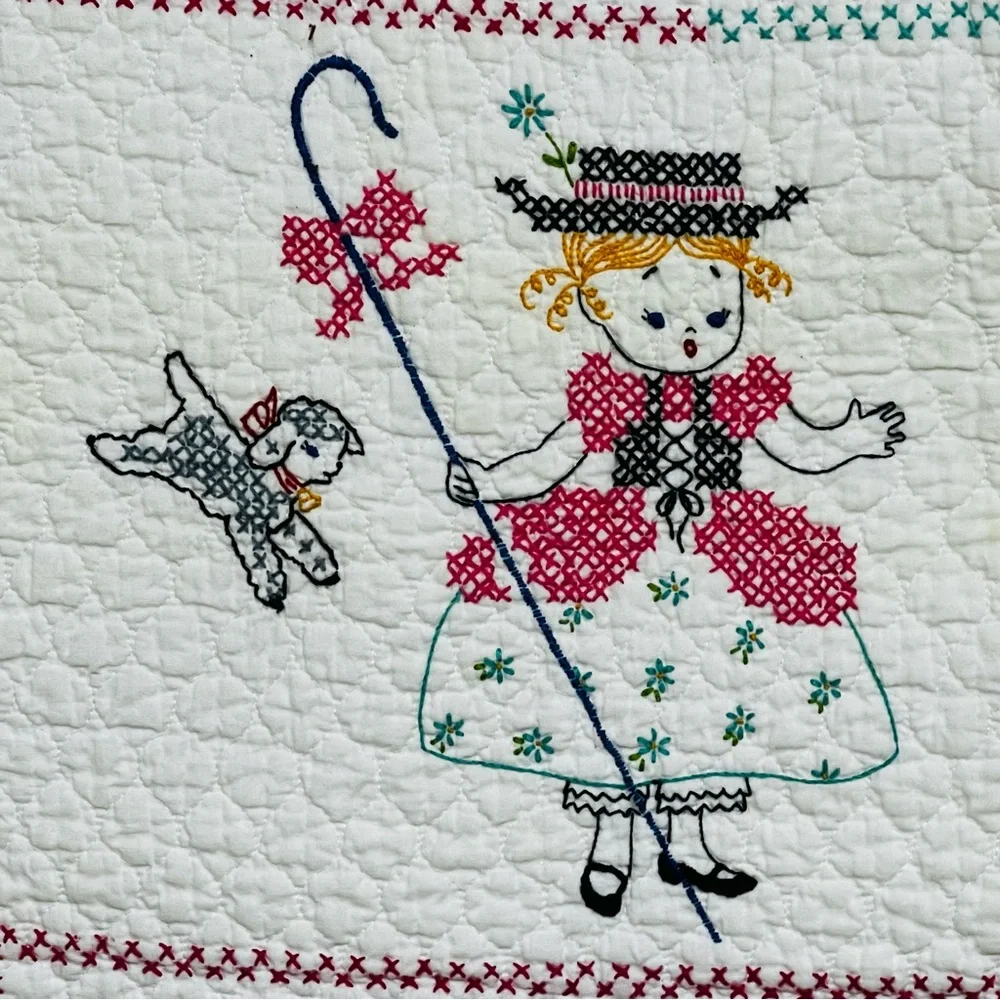 Vintage Nursery Rhyme Cross Stitch Baby Crib Quilt